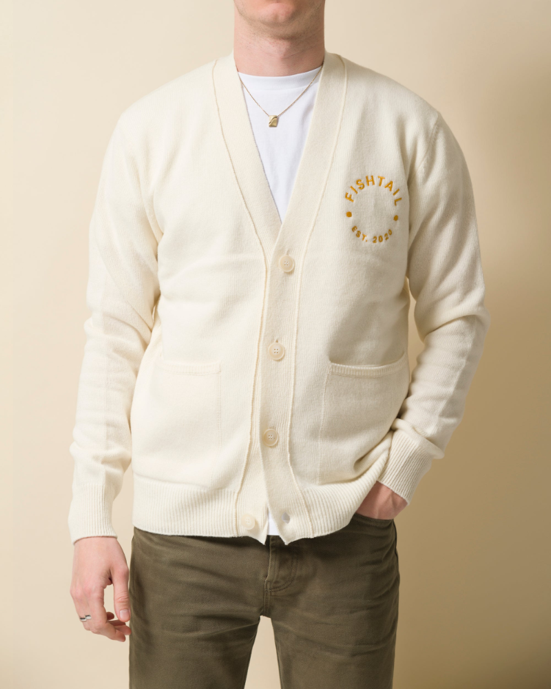 Fishtail cashmere and fine merino wool blend cardigan - Ecru