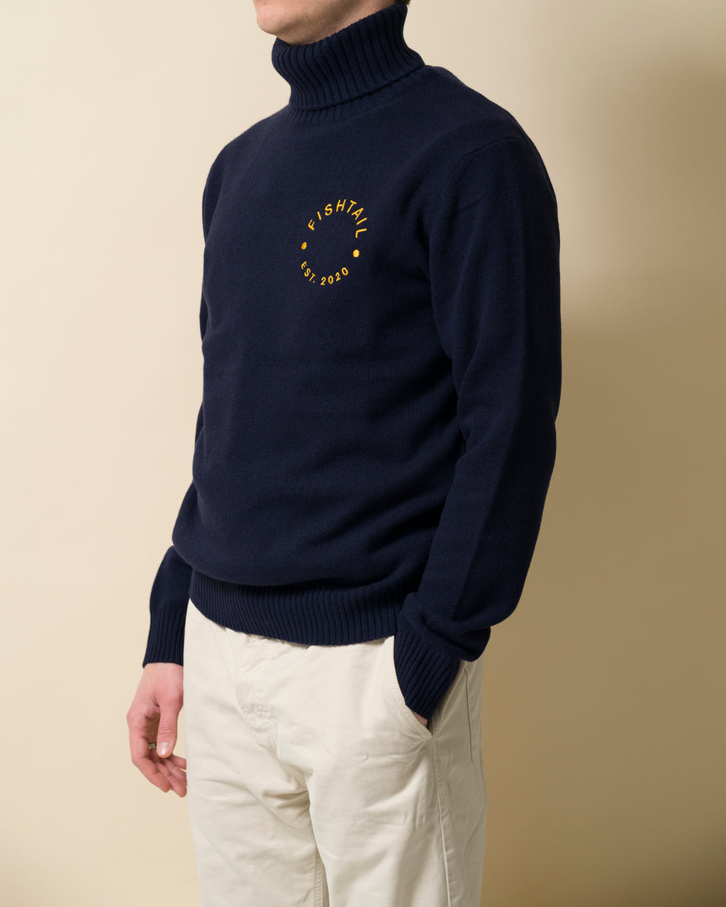Fishtail cashmere and fine merino wool rollneck - Navy