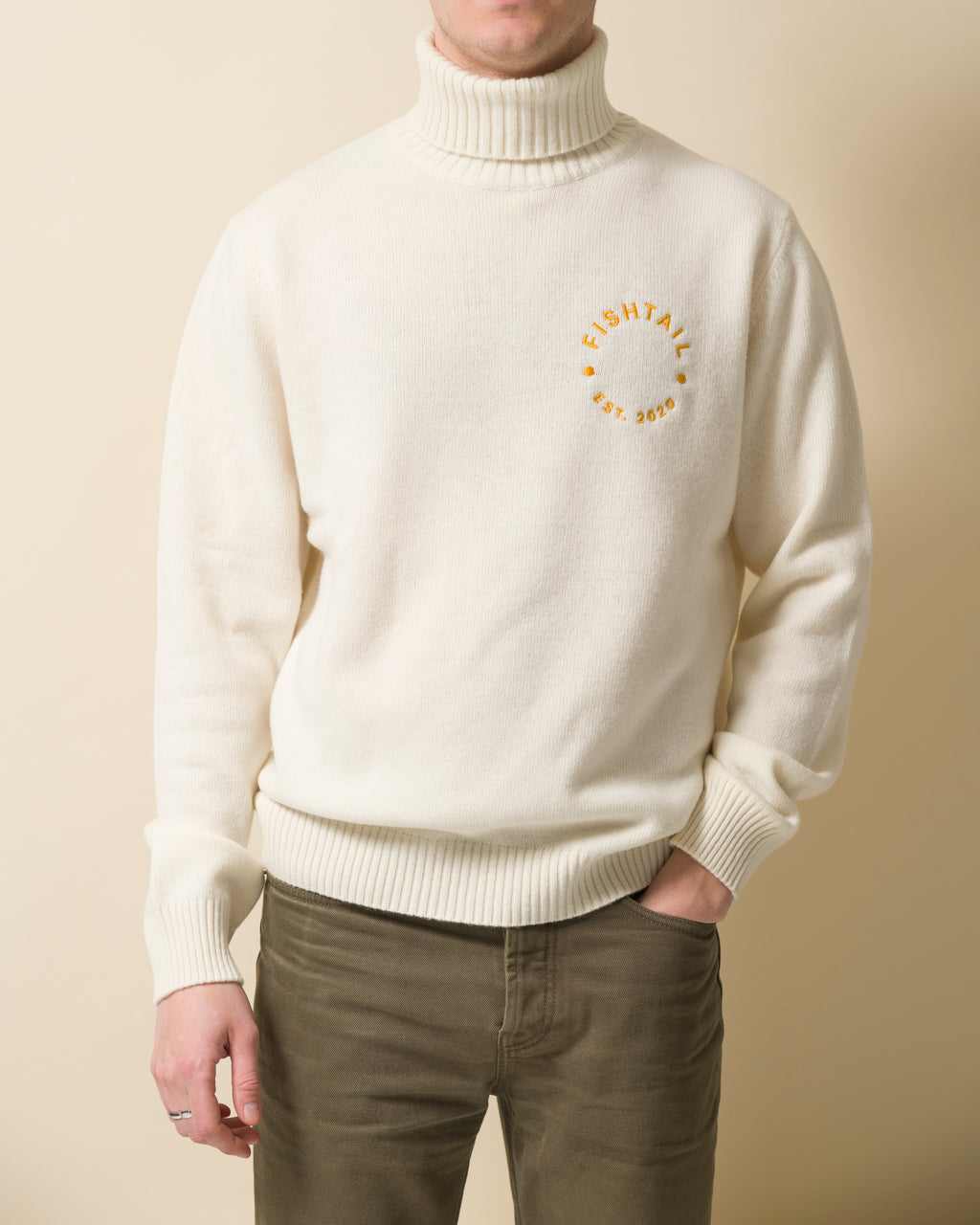 Fishtail cashmere and fine merino wool rollneck - Ecru