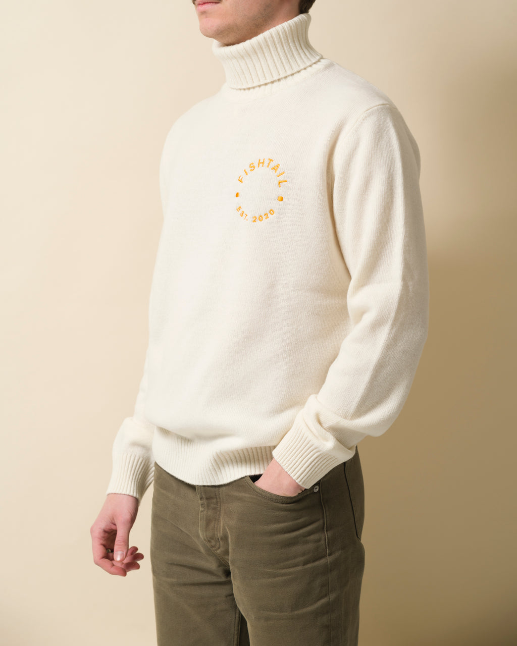 Fishtail cashmere and fine merino wool rollneck - Ecru