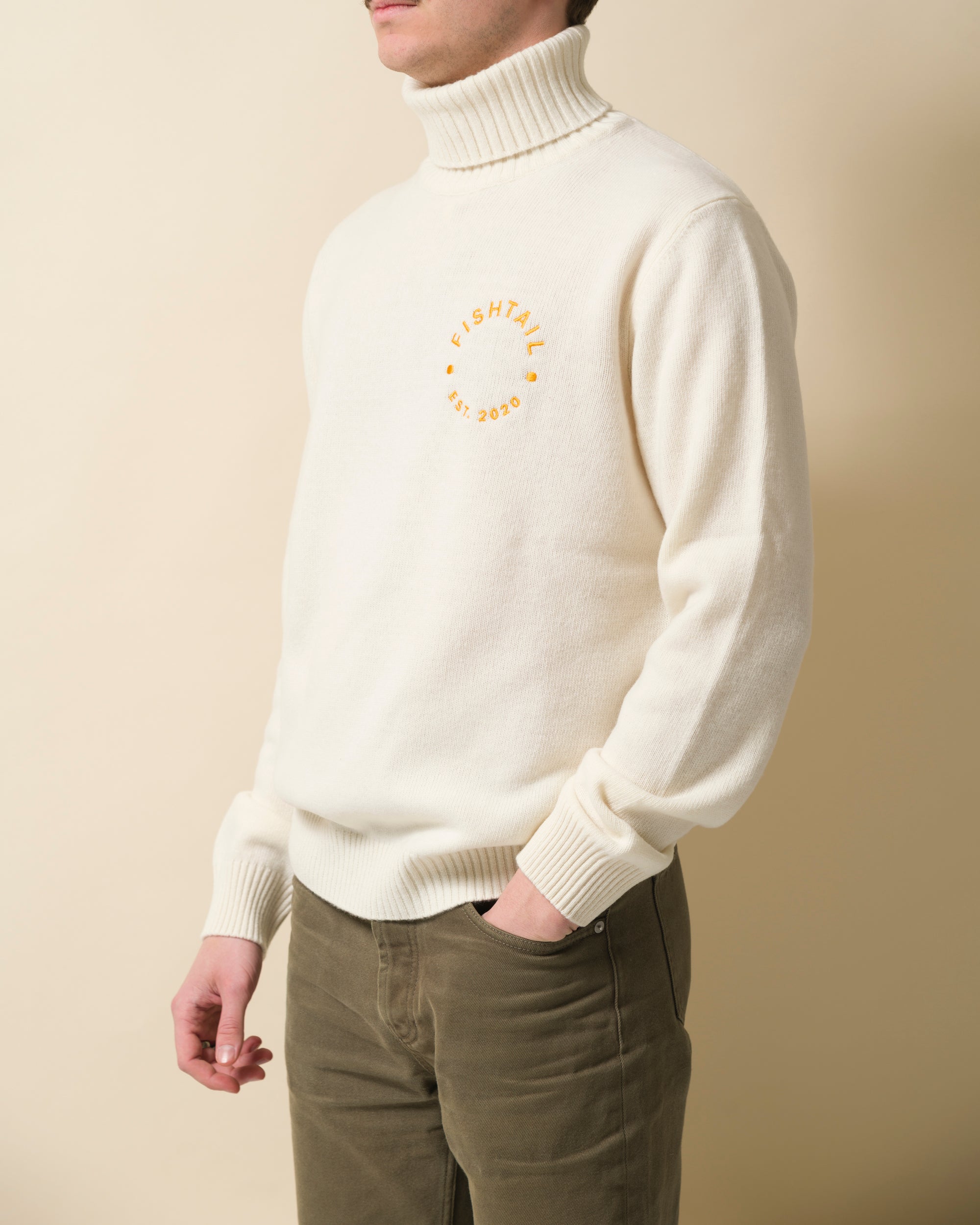 Fishtail cashmere and fine merino wool rollneck - Ecru