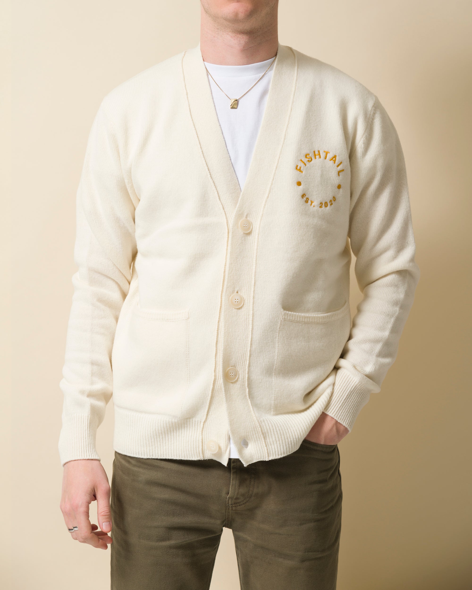 Fishtail cashmere and fine merino wool blend cardigan - Ecru