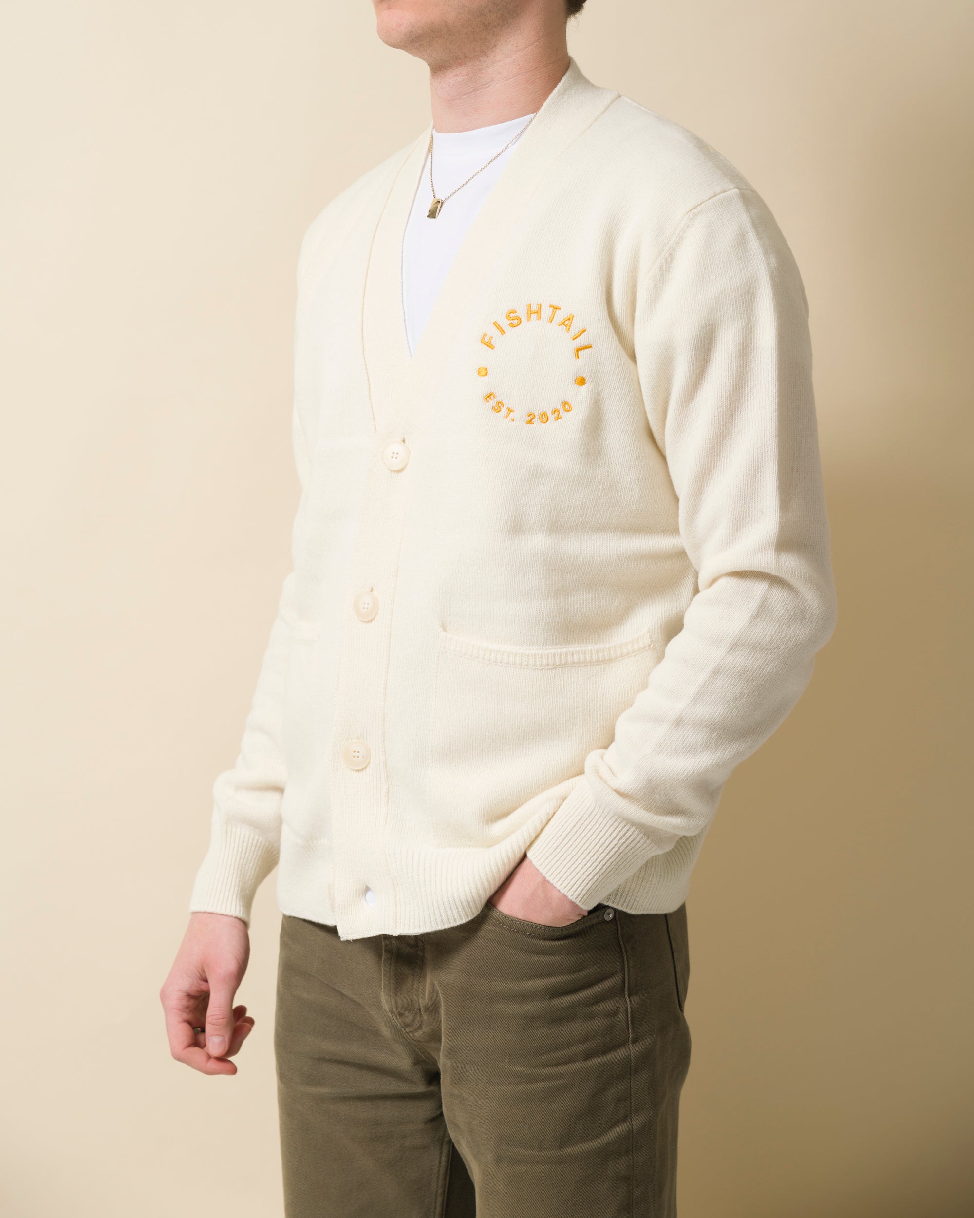 Fishtail cashmere and fine merino wool blend cardigan - Ecru